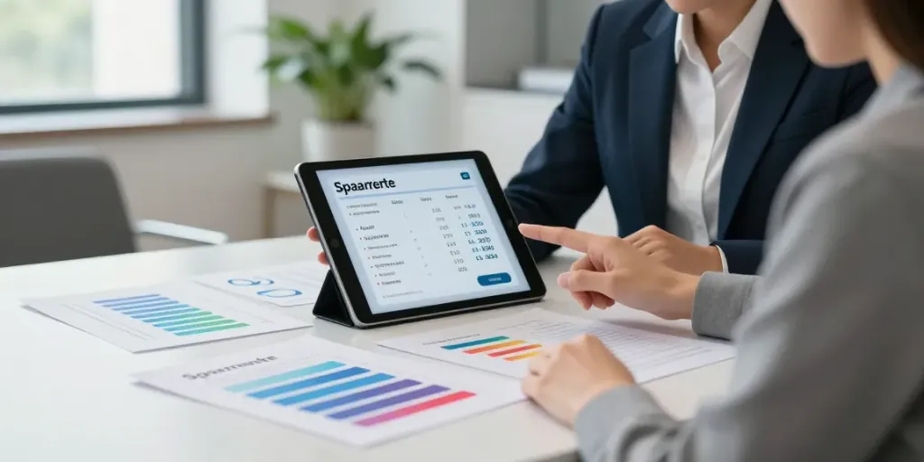 Choosing the beste spaarrente Nederland with a financial advisor in a modern banking office.