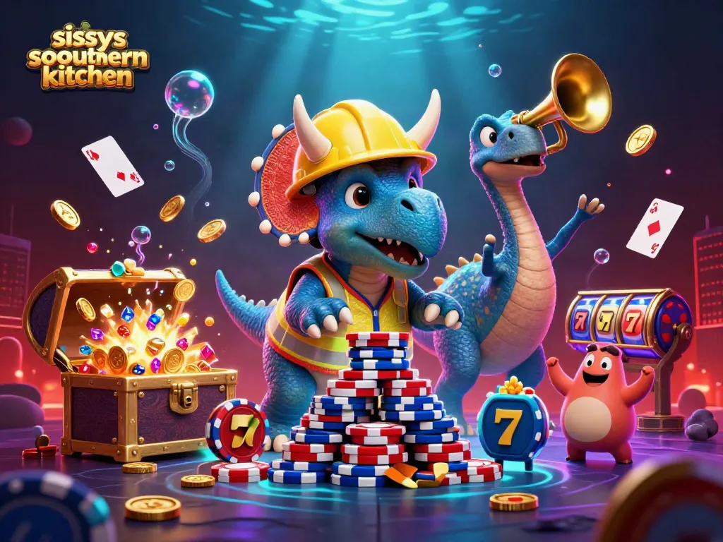 Sissy's Southern Kitchen celebrates wins with a colorful 3D illustration of joyful dinosaurs playing casino games.