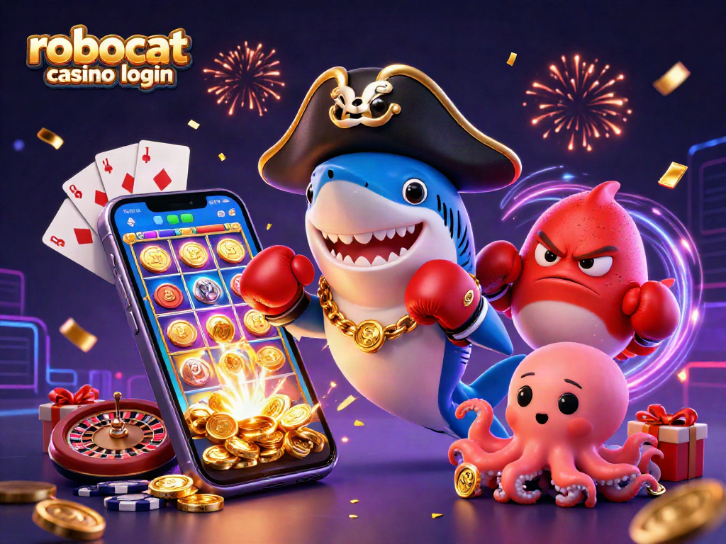 Engage with robocat casino login: Cartoon characters celebrate with casino games, gold coins, and festive effects.
