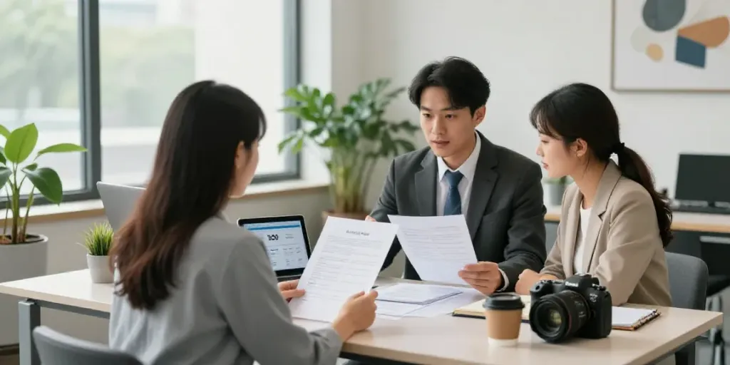 Modern bank office scene discussing beste spaarrente Nederland options with a financial advisor.