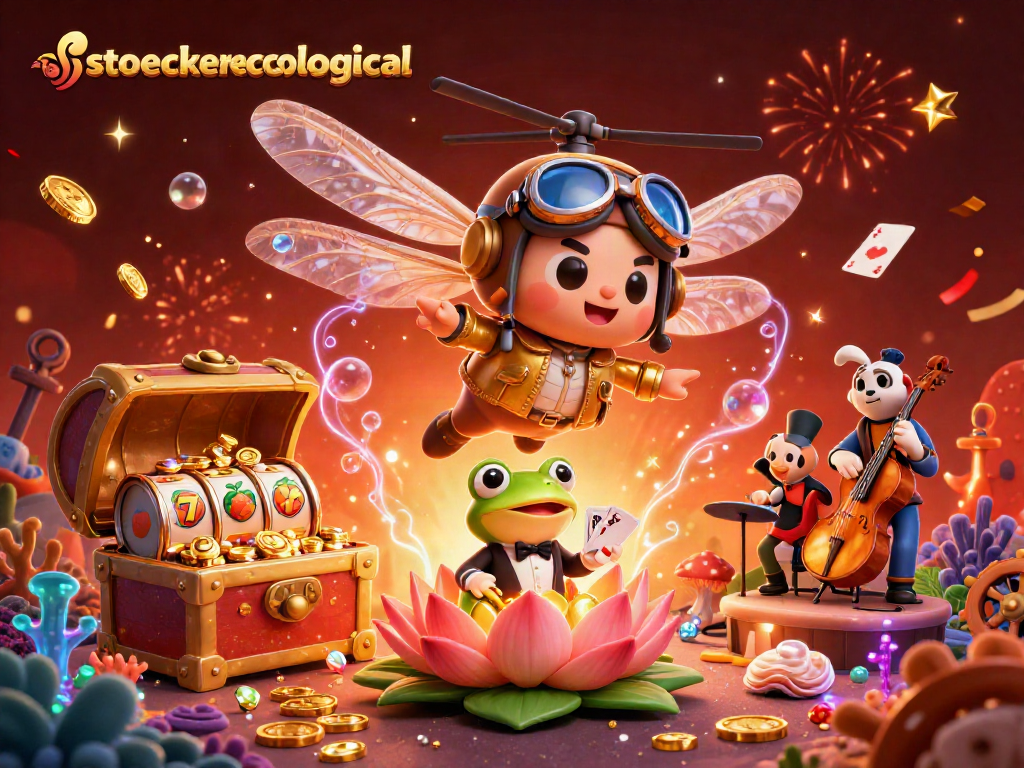 Stoeckerecological visuals of a lively lily pad casino scene with a dragonfly pilot and card games.
