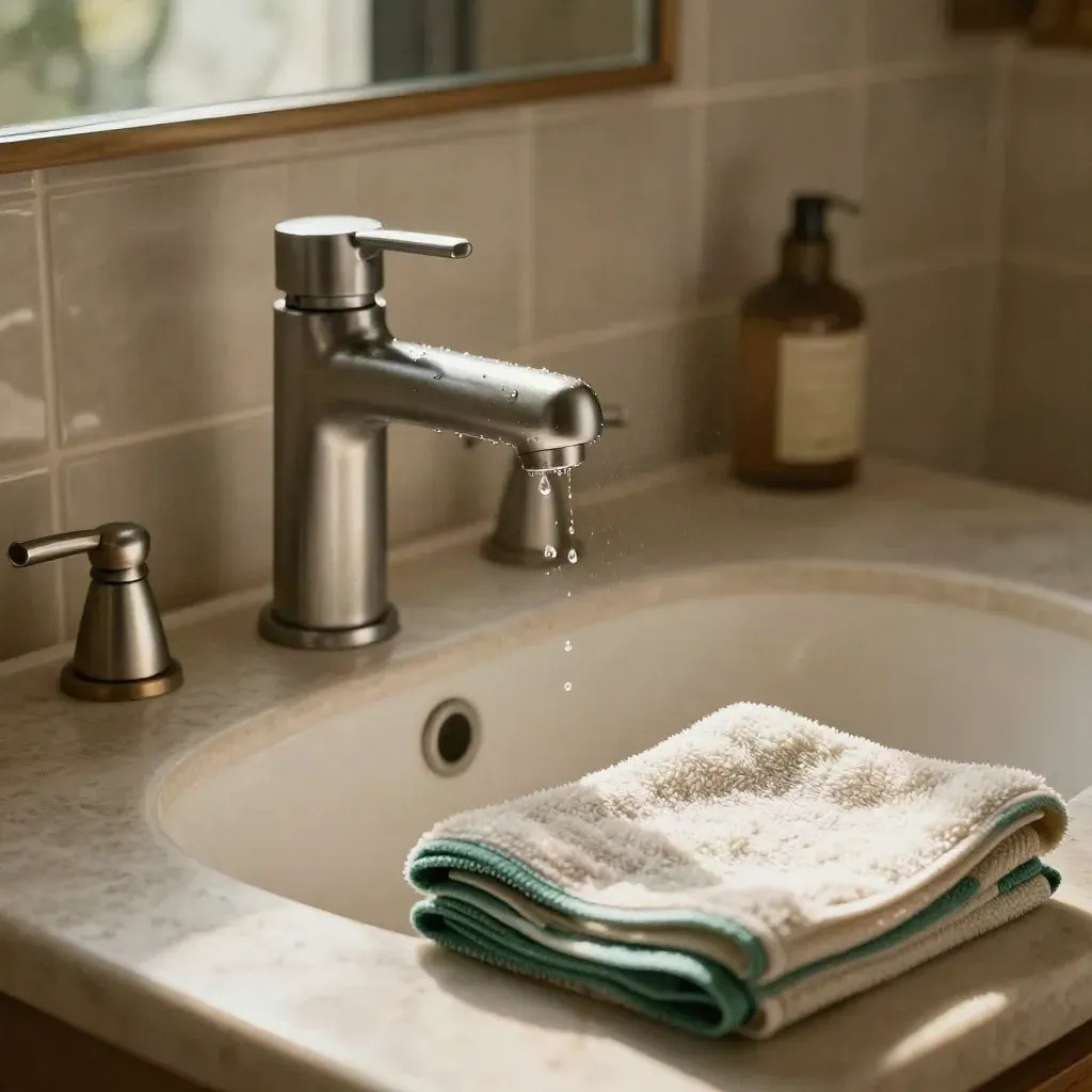 Lavabo con grifo ahorrador, aireador de latón y toalla plegada junto a azulejos claros.