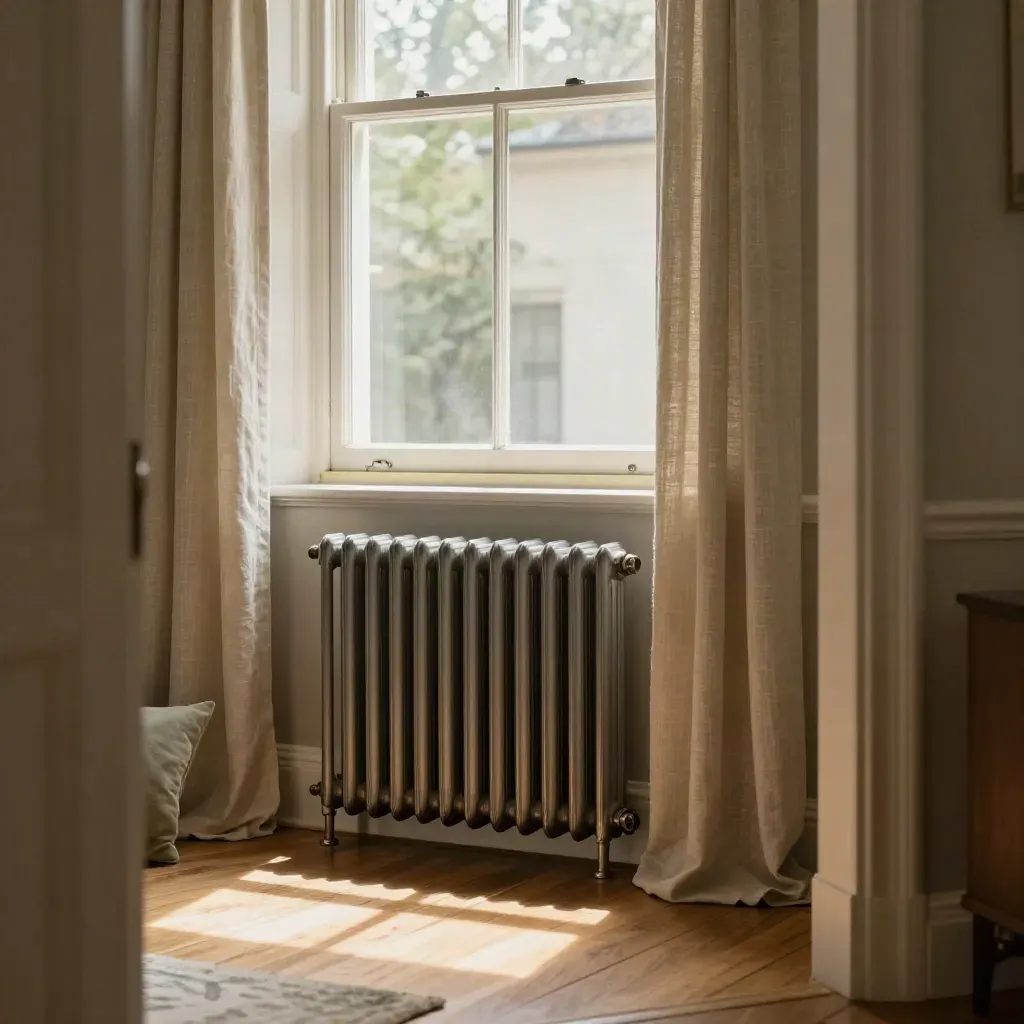 Ventana sellada con burlete nuevo, radiador apagado y luz cálida sobre suelo de roble.