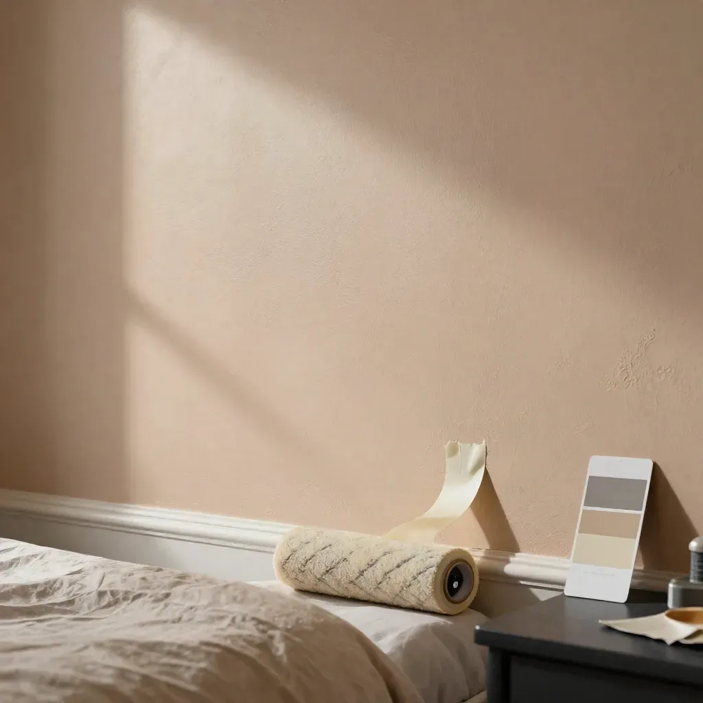 Dormitorio recién pintado con pared mate, cinta curvada y rodillo junto a la cama.