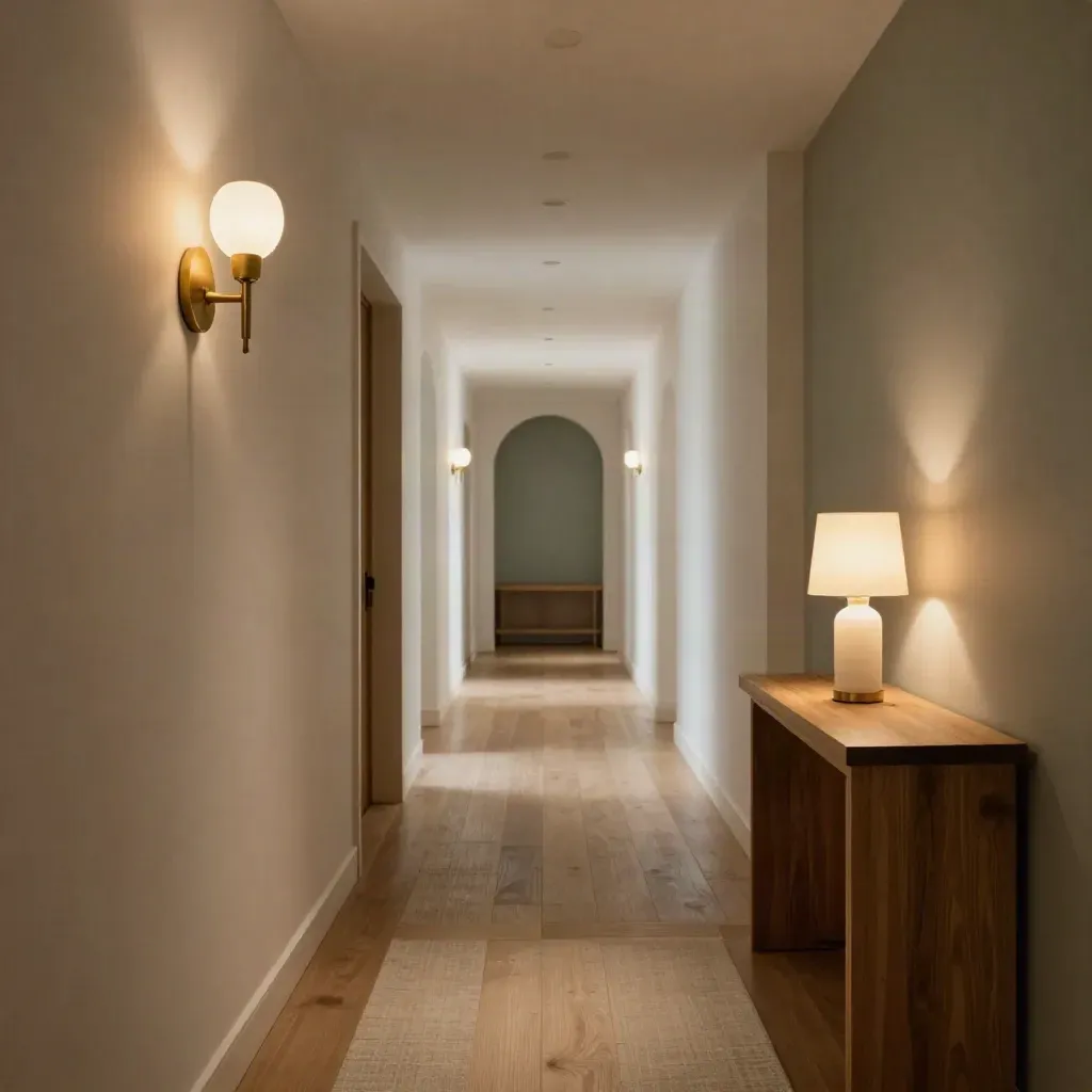 Pasillo doméstico con lámparas LED cálidas, aplique mural y lámpara de mesa, luz acogedora.