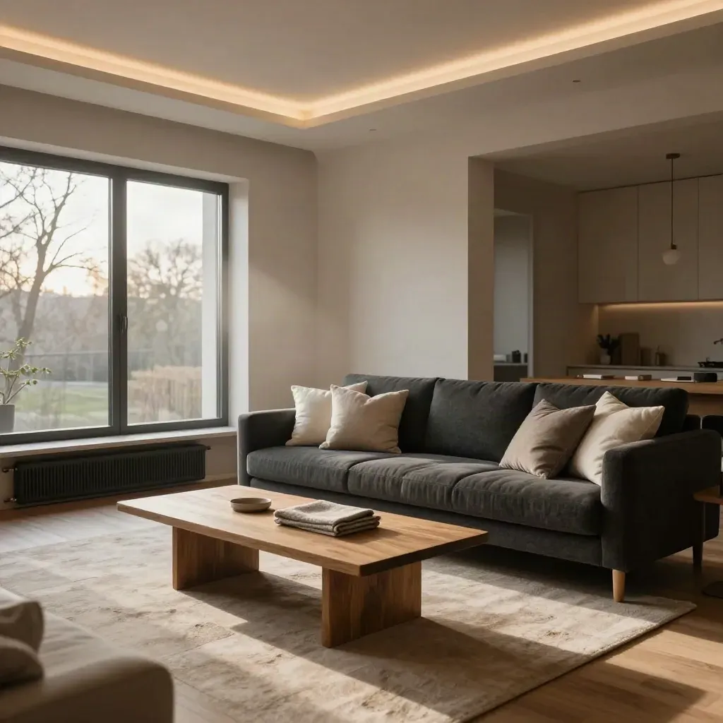 Salón cálido con luz LED uniforme, ventana sellada y ambiente acogedor de invierno.