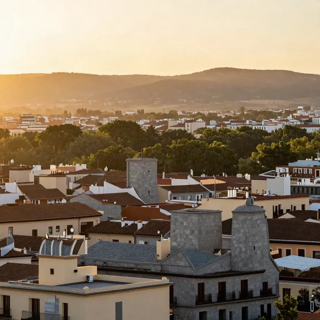 Madrid al amanecer con azoteas de pizarra y Sierra difusa bajo bruma dorada.