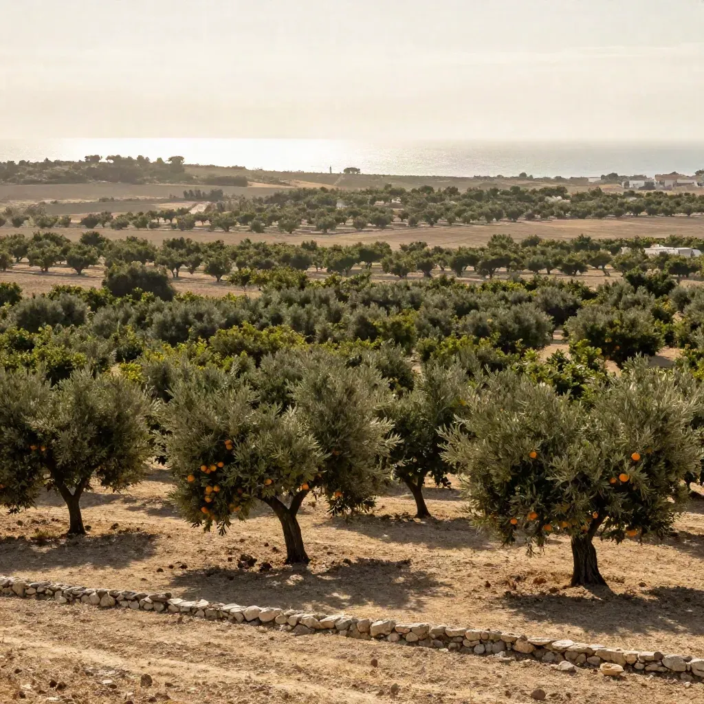 Paisaje de cítricos y costa lejana en la Comunidad Valenciana, con bruma cálida al atardecer.