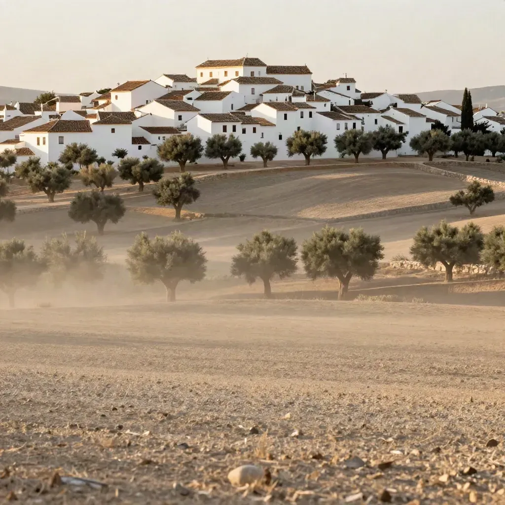 Paisaje andaluz de cal blanca, teja vieja y colinas de olivo con espacio para titular.