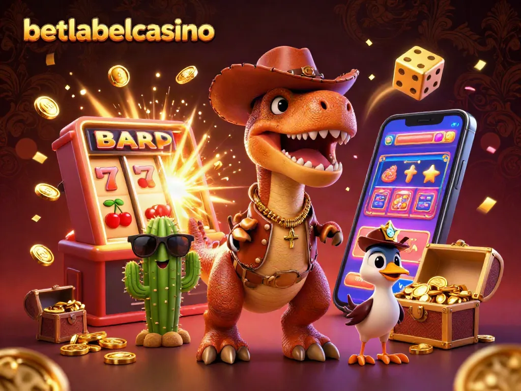 Betlabelcasino showcases an exciting scene with a T-Rex cowboy and gaming elements celebrating casino wins.