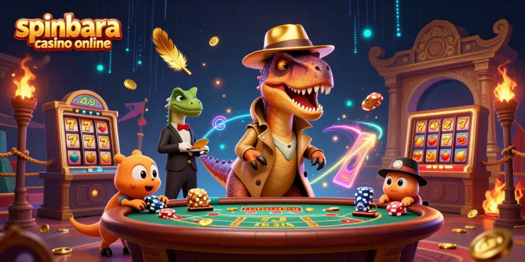 A dynamic scene featuring a velociraptor card counter and casino elements representing spinbara casino online excitement.